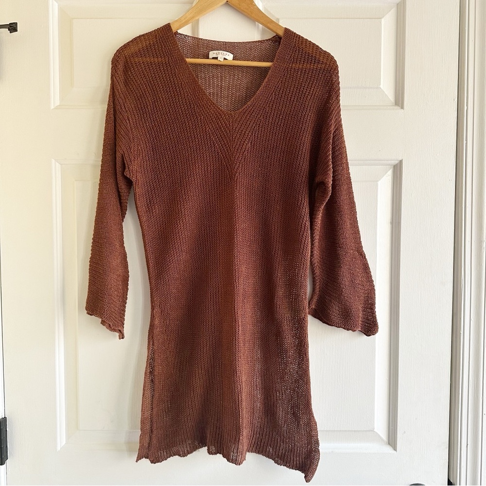 Demy Lee Y2K Small‎ Open Knit Linen Sheer Tunic Top Sweater Brown Lagenlook